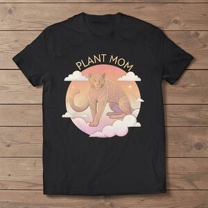 Plant Mom Cat Graphic Tee - Black with Pink & Cream Artwork
